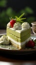 Matcha green tea cheesecake. side closeup view