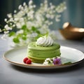 Matcha green tea creamy cake on plate on restaurant table. Healthy gluten free sweet food. Creamy pistachio cake close up. Matcha