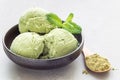 Matcha green tea ice cream balls in bowl, horizontal, copy space Royalty Free Stock Photo