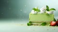 Matcha green tea ice cream cheesecake on colored background. Gluten free no bake dessert. Healthy sweet food. Creamy pistachio