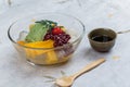 Matcha Green Tea ice cream served with jack fruit, lychee, orange, coconut jelly and red bean paste served with maple syrup. Royalty Free Stock Photo