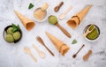 Matcha green tea ice cream with waffle cone and mint leaves  setup on white stone background . Summer and Sweet menu concept Royalty Free Stock Photo