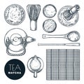 Matcha green tea ingredient set. Japanese tea ceremony, top view vector hand drawn sketch illustration
