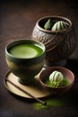 Matcha green tea with japanese sweets on dark background. Royalty Free Stock Photo