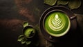 Matcha green tea with latte art foam in cup with powder on dark wooden table, latte art, hot green tea, milk, soy milk, Morning