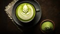 Matcha green tea with latte art foam in cup with powder on dark wooden table, latte art, hot green tea, milk, soy milk, Morning