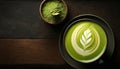 Matcha green tea with latte art foam in cup with powder on dark wooden table, latte art, hot green tea, milk, soy milk, Morning