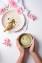 Matcha green tea latte in a bowl. Matcha is a powder of green tea leaves packed with antioxidants Royalty Free Stock Photo