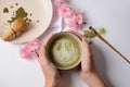 Matcha green tea latte in a bowl. Matcha is a powder of green tea leaves packed with antioxidants Royalty Free Stock Photo