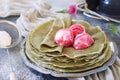 Matcha green tea pancakes and three balls of fruit ice cream Royalty Free Stock Photo