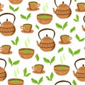 Matcha green tea pattern. Seamless japanese culture pattern with Matcha powder, bowl, teapot, leaves and cupcake.