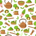 Matcha green tea pattern. Seamless japanese culture pattern with Matcha powder, bowl, teapot, leaves and cupcake