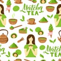 Matcha green tea pattern. Seamless japanese culture pattern with Matcha powder, bowl, teapot, leaves and cupcake