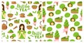 Matcha green tea pattern set. Seamless japanese culture pattern collection with Matcha powder, bowl, teapot, leaves and cupcake