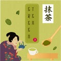 Matcha green tea poster traditional art style vector illustration. Geisha in kimono, woman in japan, Japanese culture of Royalty Free Stock Photo