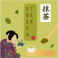 Matcha green tea poster traditional art style vector illustration. Geisha in kimono, woman in japan, Japanese culture of Royalty Free Stock Photo