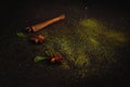 Matcha  green tea  powder on black background. Royalty Free Stock Photo