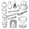 Matcha green tea powder and equipment hand drawn illustrations set