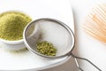 Matcha green tea powder in sieve and bowl Royalty Free Stock Photo