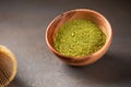 Close up powder of matcha tea is partially dissolved in hot water Royalty Free Stock Photo