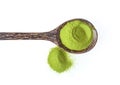 Matcha green tea powder in wood spoon  on white background. top view Royalty Free Stock Photo