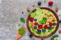 Matcha green tea smoothie bowl with fresh fruits, berries, nuts, seeds and granola for healthy vegetarian diet breakfast Royalty Free Stock Photo