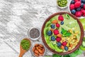 Matcha green tea smoothie bowl with fresh fruits, berries, nuts, seeds and granola for healthy vegetarian diet breakfast Royalty Free Stock Photo