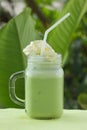 Matcha Green Tea smoothie whiped cream topping Royalty Free Stock Photo