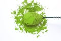 A spoon with powdered matcha green tea, isolated on white background, copy space, top view Royalty Free Stock Photo