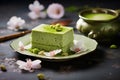 Matcha ice cream cake on plate on table with a cup of matcha green tea wtih milk on background. Healthy gluten free sweet food.
