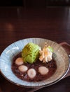 Matcha ice cream with shiratama mochi, red bean paste, whip cream Royalty Free Stock Photo