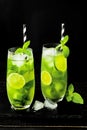 Matcha iced green tea with lime and fresh mint on black stone slate background. Super food drink. Royalty Free Stock Photo