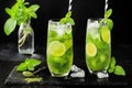 Matcha iced green tea with lime and fresh mint on black stone slate background. Super food drink.