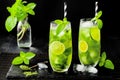 Matcha iced green tea with lime and fresh mint on black stone slate background. Super food drink.