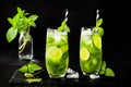 Matcha iced green tea with lime and fresh mint on black stone slate background. Super food drink. Royalty Free Stock Photo