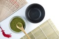 Matcha Japanese tea. Two tea bowls and a bamboo spoon with powder on a light background. Tea ceremony. Copy space