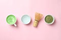 Matcha latte and accessories for making on pink background Royalty Free Stock Photo