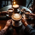 Hand of a Korea with 4 - 5 friends, smiling, sitting and drinking coffee Royalty Free Stock Photo