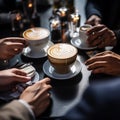 Hand of a Korea with 4 - 5 friends, smiling, sitting and drinking coffee Royalty Free Stock Photo