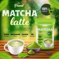 Matcha Latte Coffee Promo Banner, Doy Pack, Cup