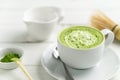 Matcha latte cup close up background blurred. Royalty Free Stock Photo