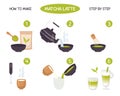 Matcha latte instruction. How to make matcha latte illustration. Matcha powder, spoon, teapot, whisk, milk frother