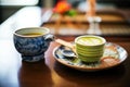 a matcha latte next to a traditional japanese tea set Royalty Free Stock Photo