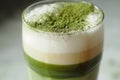 Matcha latte refreshing japanese tea drink milk foam coffee shop office lunch morning routine delicious beverage Royalty Free Stock Photo