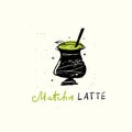 Matcha latte Vector doodle illustration of funny matcha mug.