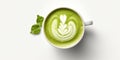 Matcha Latte In White Cup And Two Leaves Next To It. Japanese Green Tea With Latte Art. Natural Antioxidant. AI generated