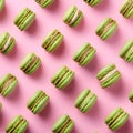 Matcha macarons assortment on trendy pink background. Sweet french cookies, pistachio macaroons set for ads, menu, printed