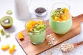 Matcha overnight oatmeal and fruits in glass, rich in protein breakfast or snack