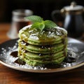Matcha pancakes with berries and syrup Royalty Free Stock Photo