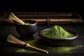 Matcha powder bowl with wooden spoon and cup utensils. Generate ai
